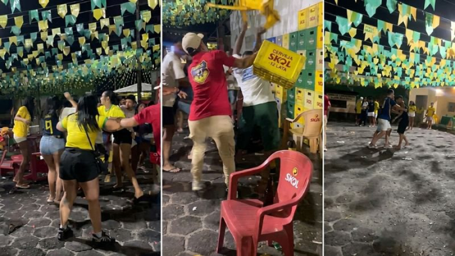 PANCADARIA após jogo do Brasil: Briga com tapas e cadeiradas causa caos em clube na Bahia; ASSISTA