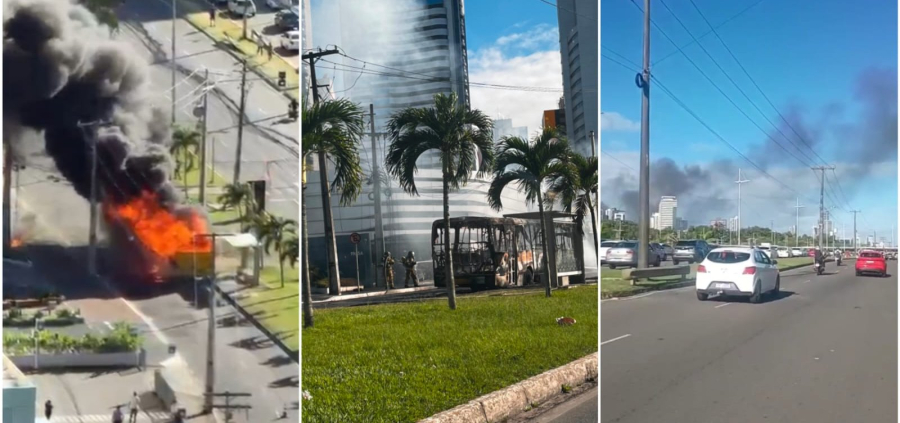 Ônibus pega fogo na Avenida Tancredo Neves, em Salvador