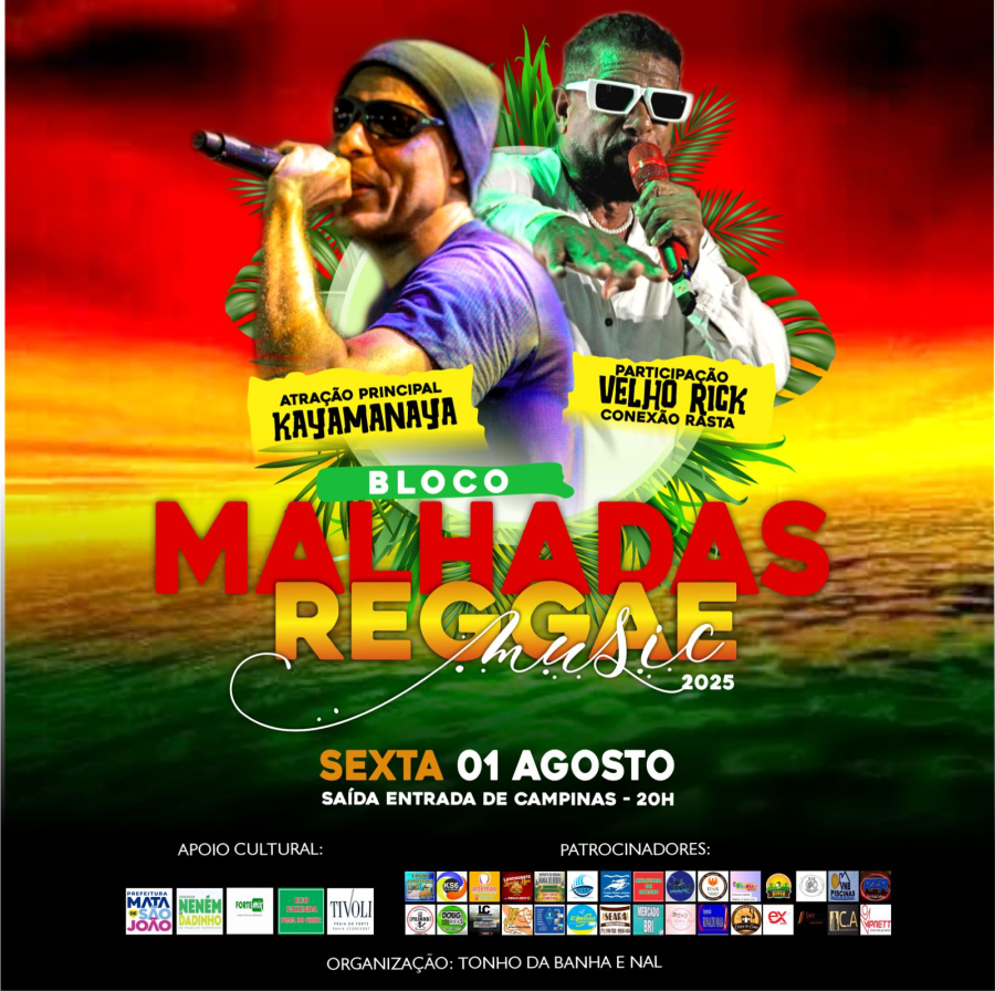 Arrastão do Bloco Malhadas Reggae Music agita a sexta-feira 1º de Agosto com Kayamanaya e Velho Rick