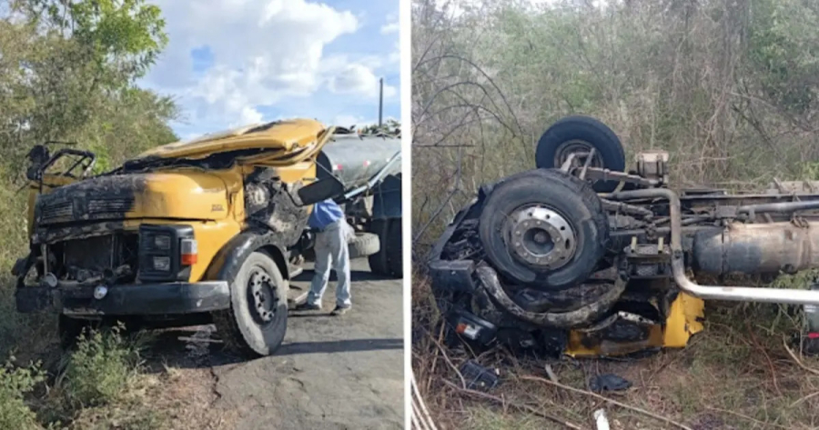 Caminhoneiro escapa ileso após caminhão capotar e pegar fogo na BA-419, no Centro-Norte da Bahia