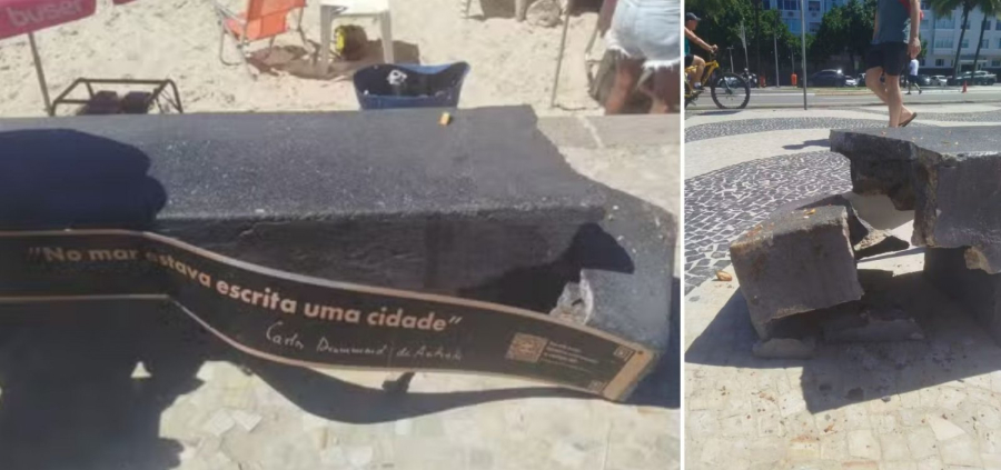 Turista danifica banco da estátua de Drummond ao tentar quebrar coco em Copacabana